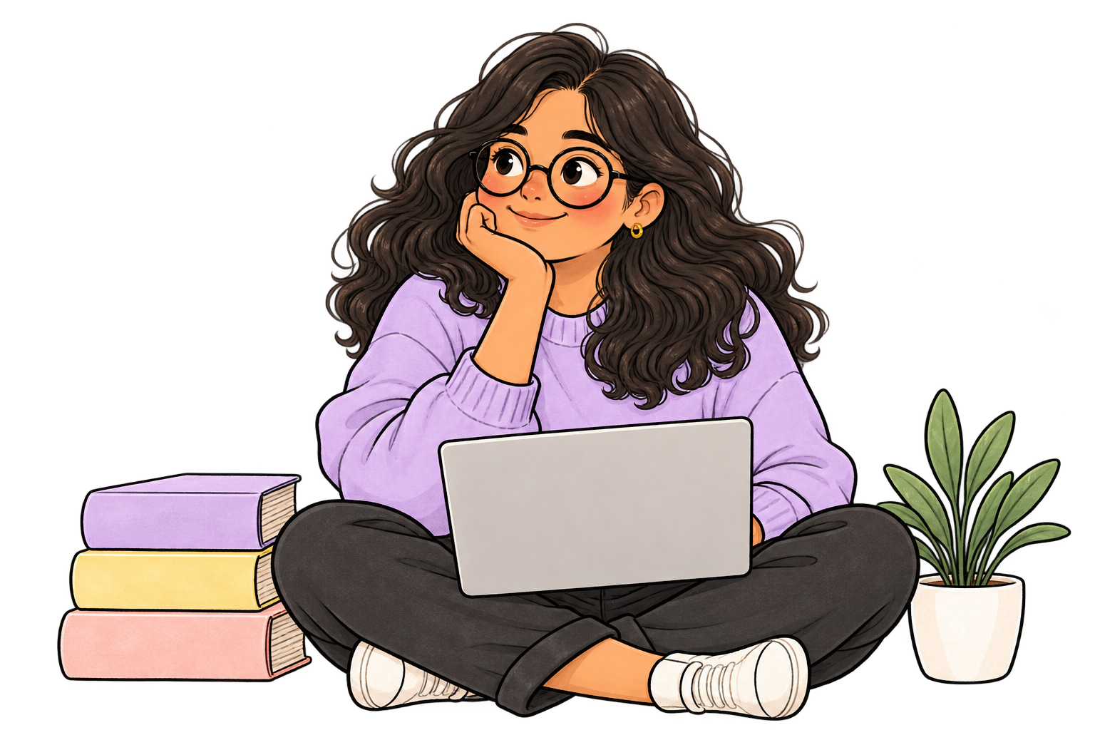 An illustrated Yukti in glasses and a lavender sweater, sitting with her laptop.