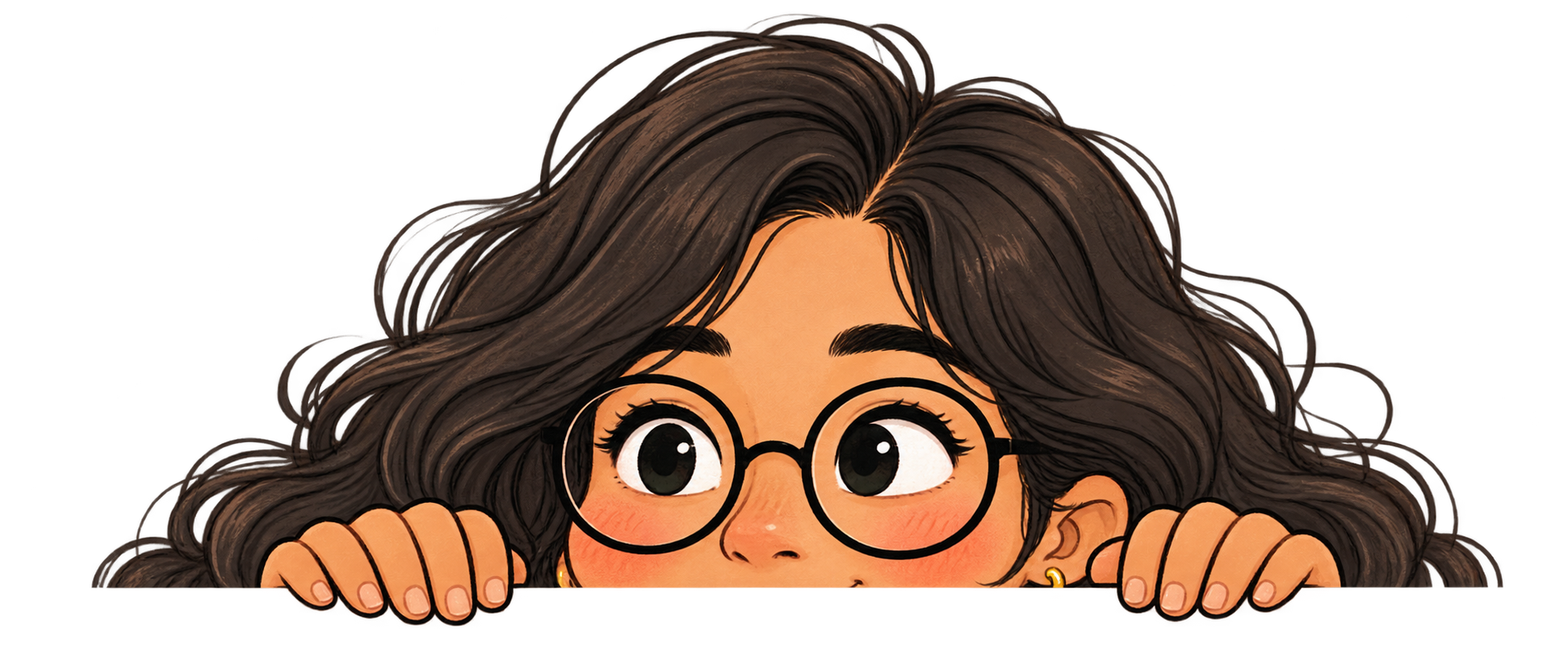 Illustrated Yukti peeking over the edge, wearing her round glasses.